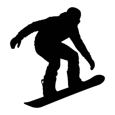 Bir snowboardcunun siyah silueti havada zıplarken yakalandı. Rakam açılı, ayaklarının altındaki snowboard eğik. Snowboard sporcusu kışlık giysiler giyiyor. Ceket, pantolon ve eldiven de dahil.