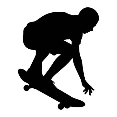 Bir kaykayın üzerinde hareket eden siyah bir çocuğun silüeti. Öne doğru eğiliyor, bir eli yere doğru uzanıyor, bir numara yapıyor gibi görünüyor. Kaykay ayaklarının altında görünüyor, tekerlekleri görünüyor. T