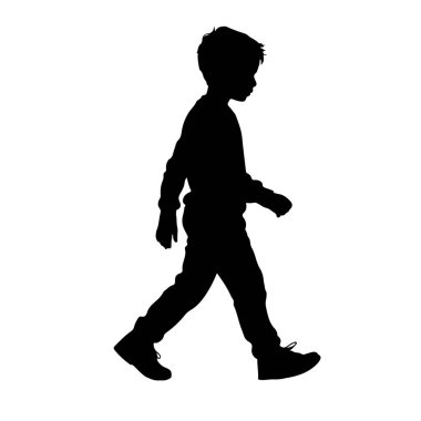 Beyaz bir arka planda soldan sağa doğru yürüyen siyah bir çocuk silueti. Profilde resmedilmiş, günlük kıyafetler giyiyor pantolon, gömlek ve ayakkabılar da dahil. Saçları şekilli ve vücut duruşu ileri doğru hareket ettiğini gösteriyor..