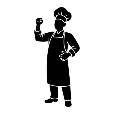 Uzun şapkalı ve önlüklü bir şefin siyah silueti zafer veya güç göstergesi olarak tek yumruğu havada durur. Şefin diğer eli de kalçasının üstüne. Resim, beyaz arkaplanda basit bir grafik çizimi..
