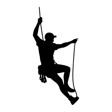 Siyah bir siluet. Şapka ve tişört giyen, iple aşağı inen biri. Kişi dinamik bir şekilde konumlandırılmış, bir kolu uzatılmış ve diğeri ipe tutunmuş. Bel çevresinde bir koşum takımı ve ekipman görülebilir. Arka plan...