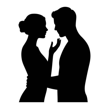 Yakın bir kucaklaşmada bir çiftin siyah silueti. Kadın erkeğe doğru döner, eli nazikçe yüzüne dokunur. Vücutları birbirine yakın, derin bir bağ ve yakınlık hissi veriyor. Siyah figür tarımının katıksız kontrastı