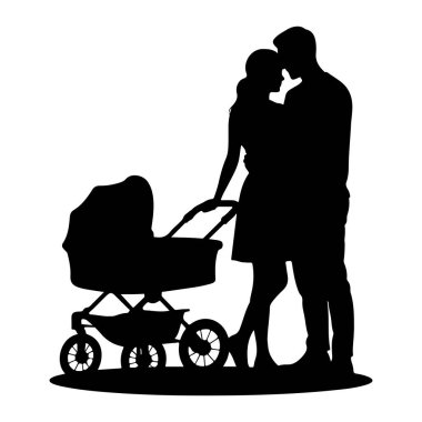 Birbirlerini kucaklayan, alınlarına dokunan siyah bir siluet. Yanlarında beşiği ve tekerlekleri olan bir bebek arabası var. Şekiller ve araba beyaz arka planda resmedilmiş..