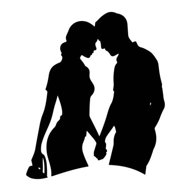 El ele tutuşup kucaklaşan bir çiftin siyah silueti. Alınları birbirine dokunuyor, yakınlık ve bağlantı hissi veriyor. Şekiller düz beyaz bir arkaplan üzerinde tasvir edilir.