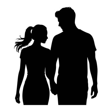 Bir çiftin el ele tutuşup birbirlerine baktıkları siyah bir siluet. Kadının at kuyruklu saçı var ve elbise giyiyor. Adam bir tişört giyiyor. Beyaz bir arkaplanda duruyorlar..