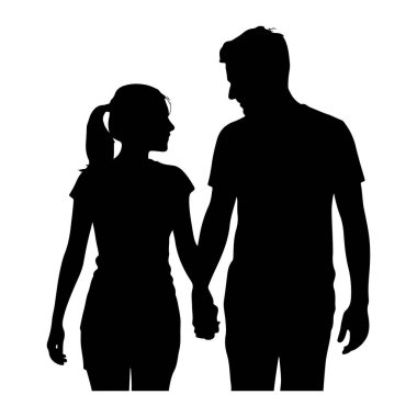 Bir çiftin el ele tutuşup birbirlerine baktıkları siyah bir siluet. Adam sağda, kadın da solda oturuyor. Birbirlerine döndüler, ellerini birbirlerine kenetlediler. Arkaplan beyaz.