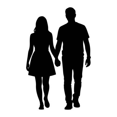 Siyah bir siluet, bir çift el ele tutuşuyor ve ileri doğru yürüyor. Adam sağda, tişört ve pantolon giyiyor. Kadın solda, elbise giyiyordu. Düz beyaz bir arkaplanda tasvir ediliyorlar..