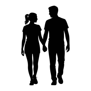 Yanyana yürüyen ve el ele tutuşan bir adam ve bir kadının siyah silueti. Kadının at kuyruklu saçı var ve elbise ve spor ayakkabı giyiyor. Adam bir tişört ve pantolon giyiyor. Birbirlerine bakıyorlar ve konversat yapıyorlarmış gibi görünüyorlar.