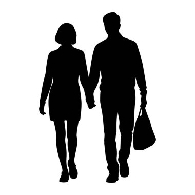 Yan yana yürüyen, el ele tutuşan siyah bir çift silueti. Soldaki kadın elbise ve topuklu ayakkabı giyiyor. Adam sağda, pantolon ve gömlek giyiyor, ve diğer elinde bir çanta taşıyor. Bir düzlüğe karşı betimlenmişler.