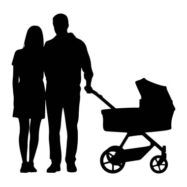 Bebek arabasının yanında duran siyah bir çift silueti. Adam bebek arabasının kolunu tutuyor ve itiyor gibi görünüyor. Kadın onun yanında duruyor. Arkaplan düz beyaz.