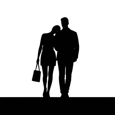 Siyah siluet bir adam ve bir kadın kol kola yürüyorlar. Kadın başını erkeğin omzuna dayar ve bir el çantası taşır. Altlarında siyah bir zemin çizgisi olan düz beyaz bir arkaplanda tasvir ediliyorlar..