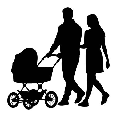 Siyah bir siluet, geleneksel bir bebek arabasını iten adamla birlikte yürüyen bir çifti resmediyor. Kadın onun yanında yürüyor, eli onun kolunda dinleniyor. Arabanın dört tekerlekli sandalyesi ve örtülü bir beşiği var. Rakamlar bir araya getirilip...
