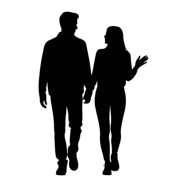 Beyaz arka planda el ele yürüyen bir çiftin siyah silueti. Soldaki adam ceketi ve pantolonu var. Kadın sağda, uzun kollu bir bluz ve pantolon giyiyor. Birbirlerine bakıyorlar ve orada gibi görünüyorlar. 