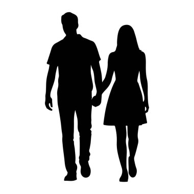 Yanyana yürüyen ve el ele tutuşan bir adam ve bir kadının siyah silueti. Adam kısa kollu bir gömlek ve pantolon giyiyor. Kadın bir elbise giyiyor. Rakamları, beyaz bir arkaplan karşısında tamamen siyah..