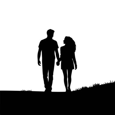 Siyah siluet bir adam ve bir kadın el ele yürüyorlar. Birbirlerine döndüler, birbirlerine bakıyorlar sanki. Arkaplan beyaz, görüntünün alt kenarı boyunca koyu renkli çim silueti var..