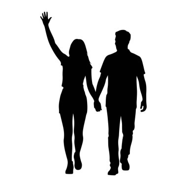 Yan yana yürüyen bir çiftin siyah silueti. Soldaki kadın sağ eliyle adamın elini tutuyor ve sol kolunu kaldırarak el sallıyor. Sağdaki adam onun elini sol eliyle tutuyor. İkisinin de tasviri...