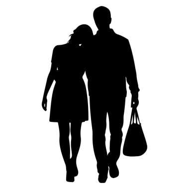 Birlikte yürüyen siyah bir çift silueti. Sağdaki adam, elinde bir torba taşıyor. Kadın solda, başını erkeğin omzuna dayamış durumda. Kollarını birbirlerine dolayarak ileri doğru yürüyorlar. Arka plan solda.