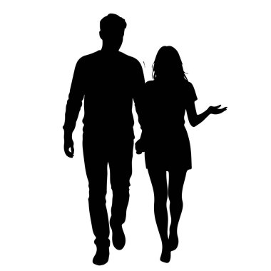 Yanyana yürüyen bir adam ve bir kadının siyah silueti. Soldaki adam uzun kollu bir gömlek ve pantolon giyiyor. Kadın sağda, kısa kollu bir gömlek ve etek giyiyor. Seyirciye doğru yürüyorlar, kolları bağlı.