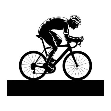 Motosikletli bir bisikletçinin siyah silueti yarış duruşu içinde. Bisikletçi kask takıyor ve bisiklet kıyafeti giyiyor, yoğun bir şekilde öne eğiliyor. Bisiklet tekerlekleri, çerçevesi ve gidonu ile tasvir edilir. Katı siyah dikdörtgen şekli pozitiftir.