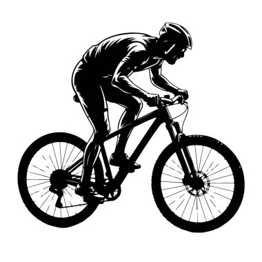 Dağ bisikleti üzerinde hareket eden siyah bir bisikletçinin silüeti. Bisikletçi pedal çevirirken öne doğru eğilen bir kask ve atletik giysiler giyiyor. Motosikletin topuzlu lastikleri ve asma çatalı var. Bu da off-road sürüşünü gösteriyor. Görüntü çok net.