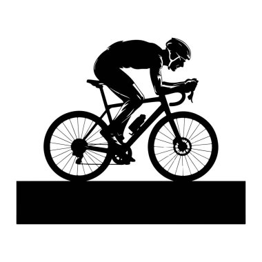 Bisikletli bir bisikletçinin siyah silueti tam yarış kıyafeti giymiş. Bisikletçi gidonun üzerine çömelmiş, kask takıyor ve hareket ediyor gibi görünüyor. Bisikletin çerçevesinde telli ve su şişeli ayrıntılı tekerlekleri var.