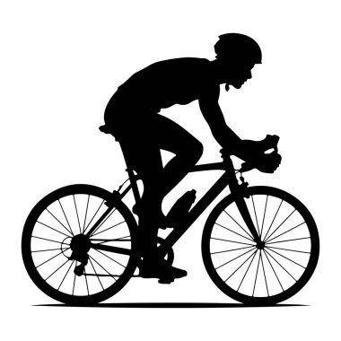 Yarış kıyafeti giymiş, kask takmış ve bir yol bisikletinin gidonuna yaslanmış siyah bir bisikletçinin silüeti. Bisikletçi hareket halinde, pedallar görünür durumda ve çerçeveye bir su şişesi bağlı. Görüntü beyaz bir sırtgeçitte izole edilmiş.