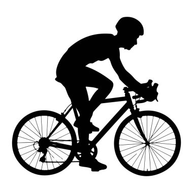 Kask takan, atletik giysiler giyen, yol bisikleti süren siyah bir siluet. Bisikletçi öne eğiliyor, bir ayağı pedalda gidonu tutuyor. Bisikletin görünür tekerlekleri var. Çerçevesi, gidonu ve...