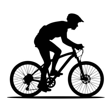 Bisiklet süren, kask takan siyah bir siluet. Bisikletçi öne eğiliyor, pedal çeviriyor, elleri gidonun üzerinde. Bisikletin görünen tekerlekleri, telleri, çerçevesi, pedalları ve zinciri var. Siluet bir düzlüğe kurulmuş. 