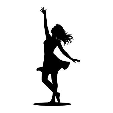 Dans ederken poz vermiş siyah bir kadın silueti. Sağ kolu yukarı doğru uzanır ve parmakları açılır, sol kolu dirsekten bükülür ve dışarı doğru açılır. Vücudu dönük ve kısa elbisesi etrafında parlıyor. Saçları geriye doğru uzanıyor.