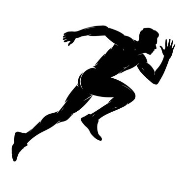 Beyaz bir arkaplana karşı dinamik koşu pozu veren siyah bir atlet silueti. Şekil, bir bacağı ileri, diğer bacağı geri uzanan ve hız ve güç duygusu taşıyan orta basamaklı bir şekilde yakalanıyor. Kollar momentum için konumlandırıldı
