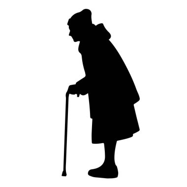 Bastonla yürüyen yaşlı bir insanın siyah silueti. Bu figür profil olarak gösteriliyor, bir ceket ve şapka giyiyor. Baston destek için sağ elde tutulur. Arkaplan beyaz.