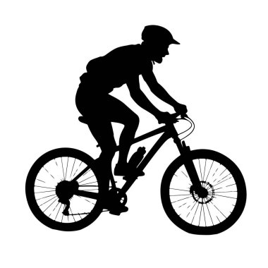 Kask takan ve bisiklet süren siyah bir siluet. Bisikletçi öne eğiliyor, bir ayağı pedalda gidonu tutuyor. Bir su şişesi bisiklet çerçevesine bağlıdır. Görüntü katıksız siyah-beyaz.