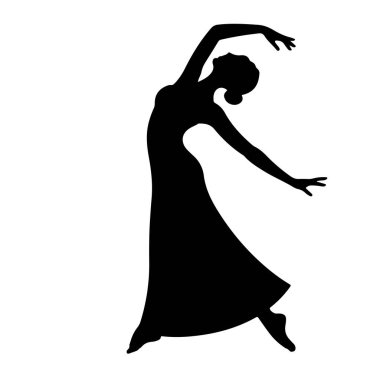 Uçan bir elbisenin içindeki siyah bir dansçının silüeti beyaz bir arkaplana karşı dinamik bir pozda yakalanır. Dansçının bedeni geriye doğru kavisli, kolları zarif bir şekilde açık hareket ve ifadeye işaret ediyor. Uzun, dalgalı etek, 