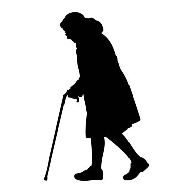 Bastonla yürüyen yaşlı bir kadının siyah silueti. O uzun bir ceket ve ayakkabılar giyiyor. Bu figür, beyaz bir arkaplana karşı profil olarak resmedilmiş, duruşunu ve ilerlerken bastonu destek için nasıl kullandığını gösteriyor..