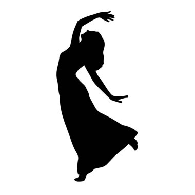 Uzun, dalgalı elbiseli bir kadının siyah silueti dansın ortasında yakalandı. Vücudu geriye doğru kavisli, bir kolu yukarı doğru uzanıyor ve diğeri zarifçe yana doğru uzanıyor. Kafası geriye doğru eğilmiş, ve bir bacağı kalkmış, dinamik bir... 