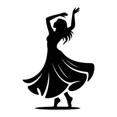 Uçan elbiseli bir kadının siyah silueti dansın ortasında yakalandı. Kolları zarif bir şekilde kalkıyor ve uzun saçları hareketleriyle birlikte akıyormuş gibi görünüyor. Biçimlendirilmiş şekil, dansçının titiz duruşunun akıcılığını ve zarafetini vurgular.