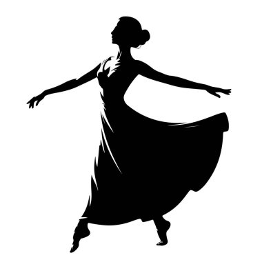 Dalgalı elbiseli bir kadının siyah silueti zarif bir bale pozu veriyor. Kolları açık ve vücudu sanki hareketin ortasındaymış gibi açılı. Siluet, düz beyaz bir arkaplan üzerinde durarak, şekli ve zarafeti vurgular.