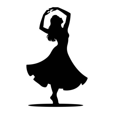 Dalgalı elbiseli bir kadının siyah silueti zarif bir dans pozuyla yakalanır. Kollarını başının üstüne kaldırır ve elleri nazikçe yerleştirilir. Vücudu da yana döner. Siluet düz bir zeminde duruyor.