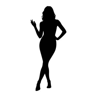 Forma uygun bir elbise ve yüksek topuklu bir kadının siyah silueti bir eli kalçasında diğeriyse parmakları uzamış bir şekilde ayakta duruyor. Saçları dalgalarla şekillenmiş ve bacakları ayak bileklerinden çaprazlanmış. Arkaplan düz beyaz.