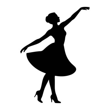 Akan bir elbise ve yüksek topuklu ayakkabı giymiş siyah bir kadın silueti zarif bir dans pozuyla yakalanır. Kolları yukarı ve dışarı doğru uzanıyor, ve vücudu açılı, bu da akışkan bir hareketi işaret ediyor. Siluet, düz beyaz bir sırt üzerinde titrer.