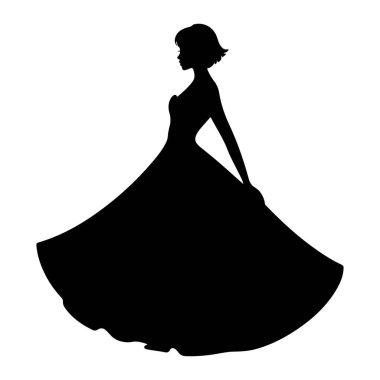Profilde siyah siluet bir kadın, sola bakıyor. Kısa, stil sahibi saçları var ve etrafında geniş bir alana yayılan uzun, dalgalı bir resmi elbise giyiyor. Kolları bükülmüş ve elleri elbisesinin yanında. Siluet ayarlandı.
