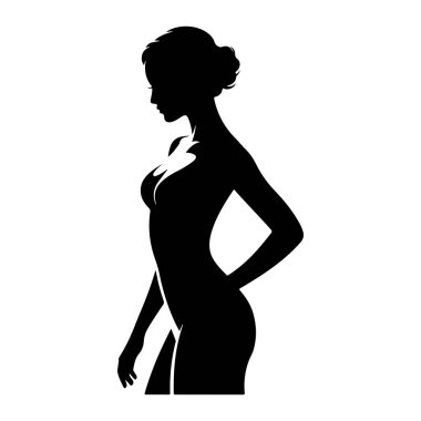 Beyaz bir arka planda siyah siluet bir kadın profili. O, saçını şekillendirdi ve forma uygun bir elbise giyiyor. Sol eli kalçasında ve sağ kolu aşağı sarkıyor. Silüet temiz ve stilize edilmiş, gragını vurguluyor.