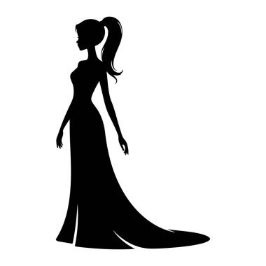Profilde bir kadının siyah silueti beyaz bir arkaplanda resmediliyor. O, uzun, dalgalı bir resmi elbise ve bir tren giyiyor. Onun saçı yüksek bir at kuyruğu şeklinde. Silüet temiz ve stilize edilmiş, zarif çizgileri vurguluyor.
