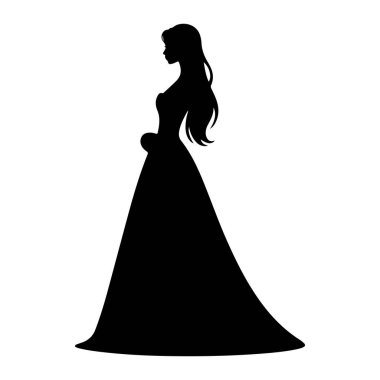 Profil görünümünde siyah bir kadın silueti. Uzun, dalgalı saçları var. Zemine kadar uzanan zarif bir cüppe giyiyor. Korsesi ve parlak bir eteği var. Görüntü, beyaz bir arkaplan karşısında simsiyah.