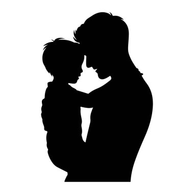 Siyah bir siluet, kucağında küçük bir çocuğu tutan bir baba tasvir ediyor. Çocuğun başı eğik, burnuyla çocuğun başını okşuyor, koluyla çocuğun vücudunu sarıyor. Çocuk güvenli bir şekilde babanın kucağında, babasına doğru bakıyor. Şey...