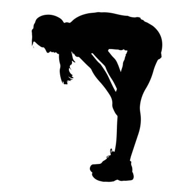 Dişi bir atletin siyah silueti eğilmiş bir şekilde tasvir edilir, başı eğik ve elleri dizlerinin üzerinde dinlenir. O, atletik şort, bir tişört ve atletik ayakkabılar giyiyor. Saçları at kuyruğu şeklinde geri çekiliyor. Siluet izole edilmiş.