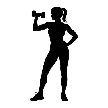 Siyah bir kadın silueti bir elinde dambıl diğerinde de kalçasında duruyor. O, atletik giysiler ve ayakkabılar giyiyor. Siluet beyaz bir arkaplanda izole edilmiş..