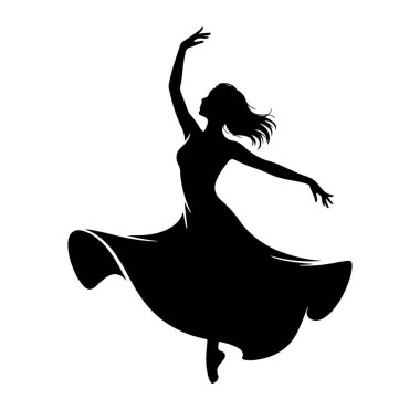 Zarifçe dans eden siyah bir kadın silueti. Etrafında parlayan uzun, dalgalı bir elbise giyiyor. Kolları açık, vücudu dinamik bir pozisyonda, hareket ve ifadeyi işaret ediyor. Arka plan düz beyaz, vurgula