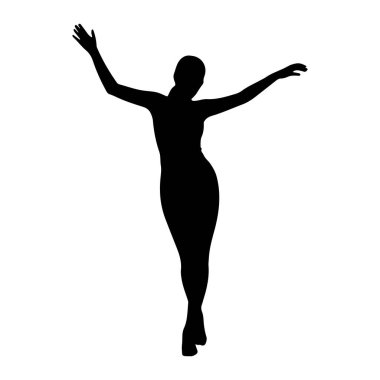 Beyaz bir arka plana karşı zarif dans eden siyah bir kadın silueti. Kolları yukarı ve dışarı doğru uzanıyor, vücudu hafif kıvrımlı, ve bacakları sanki hareket halindeymiş gibi pozisyonda. Görüntü zarif bir hissi yakalıyor.