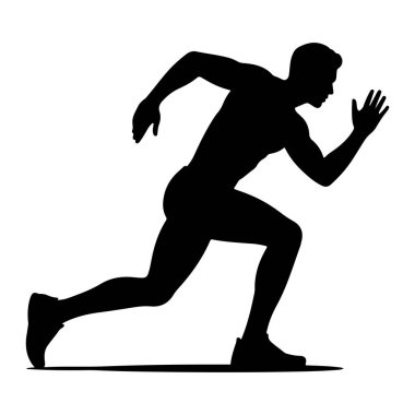 Beyaz bir arkaplana karşı dinamik koşu pozu veren siyah bir atlet silueti. Koşucunun gövdesi öne doğru açılıdır, bir bacağı geriye, diğeri öne doğru eğilmiştir, bu da hareket ve hızı gösterir. Kolları momentum için konumlanmış.